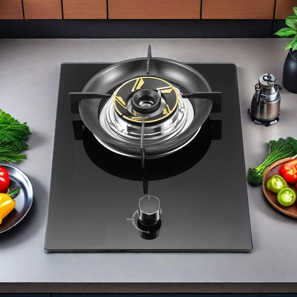 New Design Premium Single Gas Stove with High Quality Black Tempered Glass, Single Burner Gas Cooker for Small Kitchen Appliance