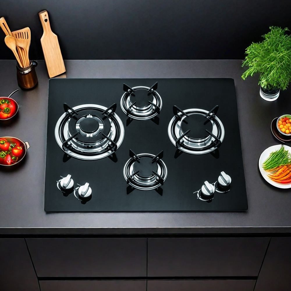 THREEMI FACTORY Household Hot Selling 4 Burner Gas Hob Built-In Black Glass Gas Stove High Quality Kitchen Appliance