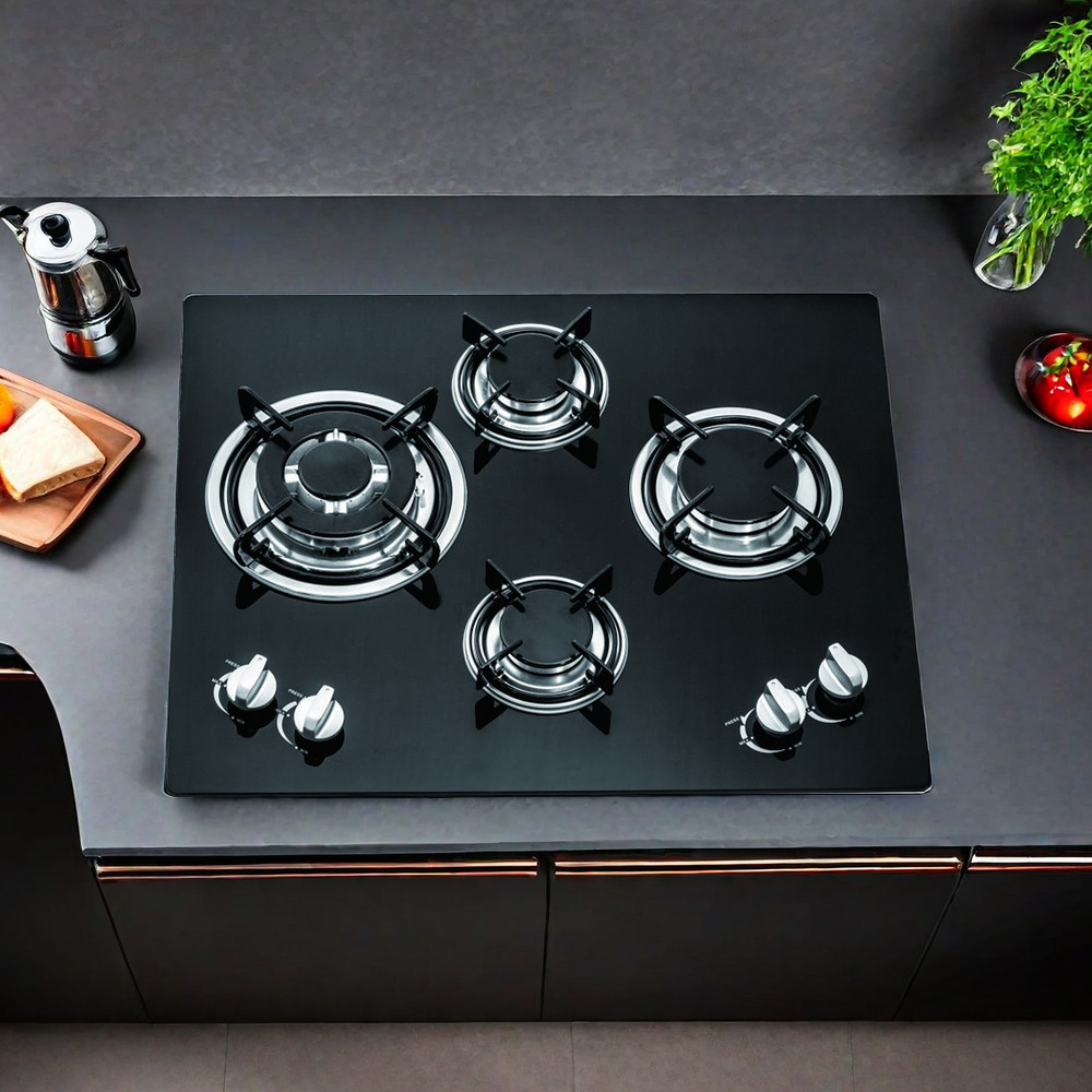 THREEMI FACTORY Household Hot Selling 4 Burner Gas Hob Built-In Black Glass Gas Stove High Quality Kitchen Appliance