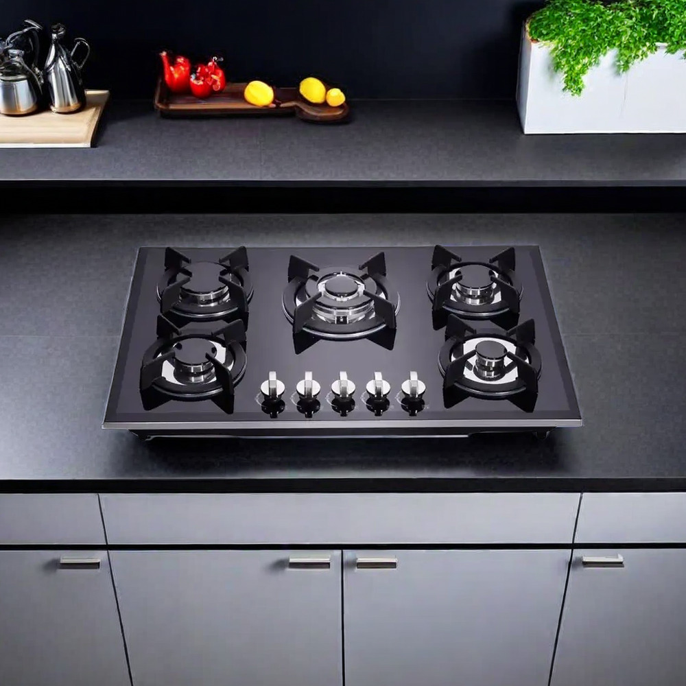 Hot Selling High Quality Built-in 5 Burner Tempered Glass Gas Stove Euro Style Glass Cooktop Gas Hob for Kitchen Appliances